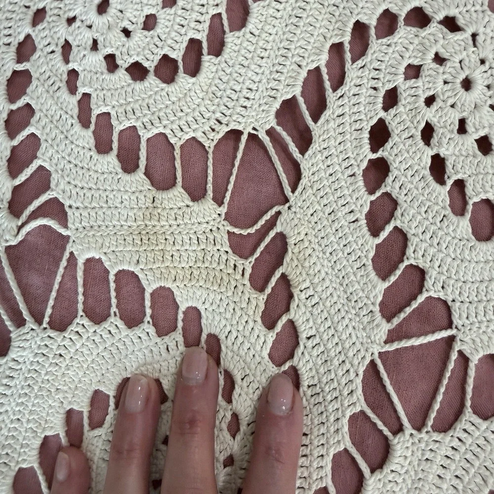 Hand Crocheted Lace Bedspread Queen Neutral‎ Swirl Blanket Vtg Handmade Beige
